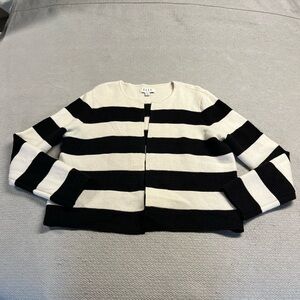 ELLE Black & White Striped Heavyweight Knit Open Sweater Cardigan Jacket Large